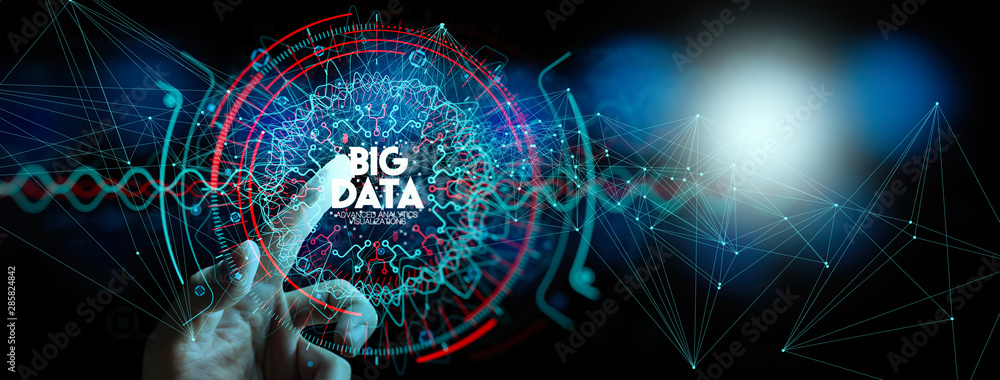 Poster Big data in HUD and icon ui with hand selecting and pressing Big Data symbol and modern interface.