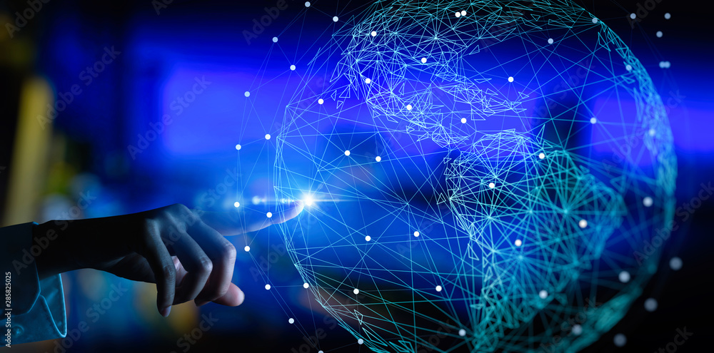 Fototapete Hand touching Telecommunication network and wireless mobile internet technology  with 5G LTE data connection of global business, fintech, blockchain.