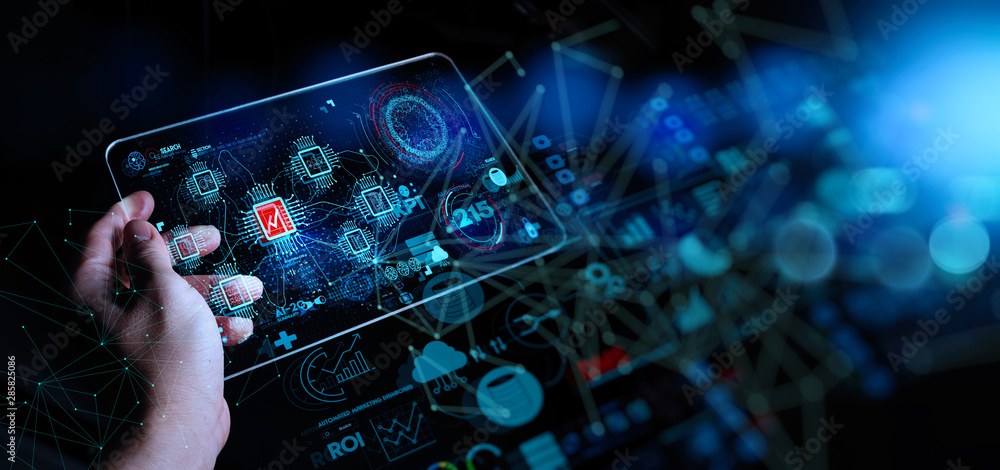Fototapete Hand touching Telecommunication network and wireless mobile internet technology  with 5G LTE data connection of global business, fintech, blockchain.