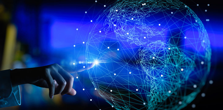 Hand touching Telecommunication network and wireless mobile internet technology  with 5G LTE data connection of global business, fintech, blockchain.