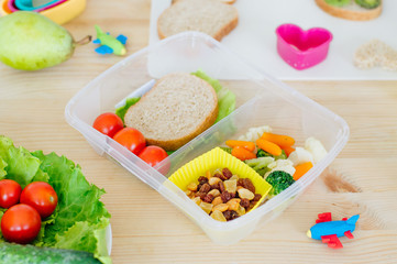Plastic lunch box with sandwich, mixed vegetables and snack on a table