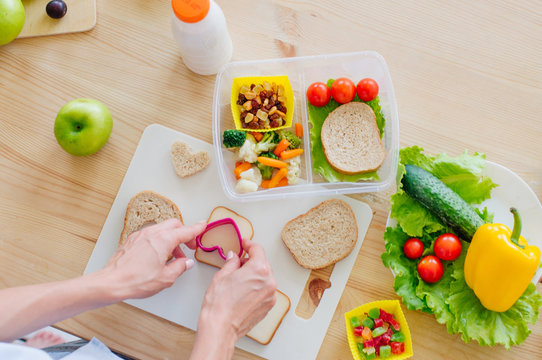 Closeup of female hands preparing sandwich for lunch box