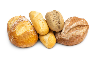 Heap of different loaf of bread on white.