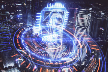 Data theme hologram drawing on city view with skyscrapers background multi exposure. Ai concept.