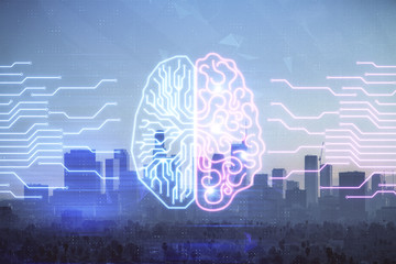Brain hologram drawing on cityscape background multi exposure. Ai in modern city concept.