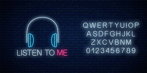 Glowing neon sign with headphones and listen to me slogan with alphabet. Call to listen symbol with cheering inscription
