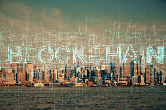 Double exposure of crypto currency theme hologram drawing and city veiw background. Concept of blockchain and bitcoin.