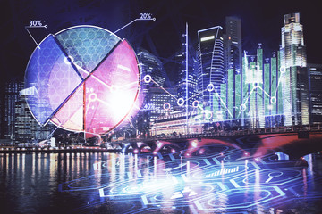 Financial chart on city scape with tall buildings background multi exposure. Analysis concept.
