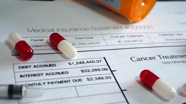 Pills and medicine on prop medical insurance forms that show high costs and debt of patient cancer treatment.