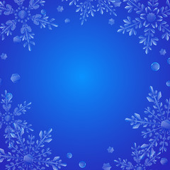 Fototapeta na wymiar Christmas illustration with frame of large complex translucent snowflakes on light blue background. Transparency only in vector format