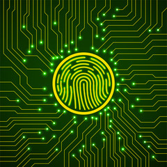 Abstract neon sign fingerprint on circuit board. Technology concept