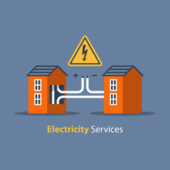 Electricity repair and maintenance, house with high voltage sign and wires connection