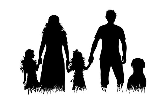 Vector silhouette of family with dog on white background. Symbol of mother, father, child,husband, wife,daughter,animal, pet.