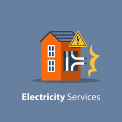 Electricity repair and maintenance, house with high voltage sign and broken wires