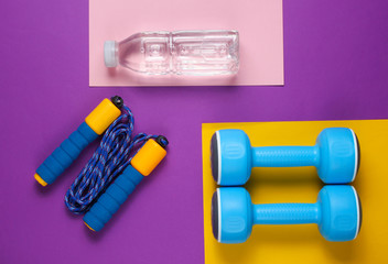Flat lay style sport concept. Dumbbells, jump rope, bottle of water. Sports equipment on colored background. Top view
