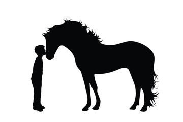 Vector silhouette of child with horse on white background. Symbol of friends, care, animal, boy.