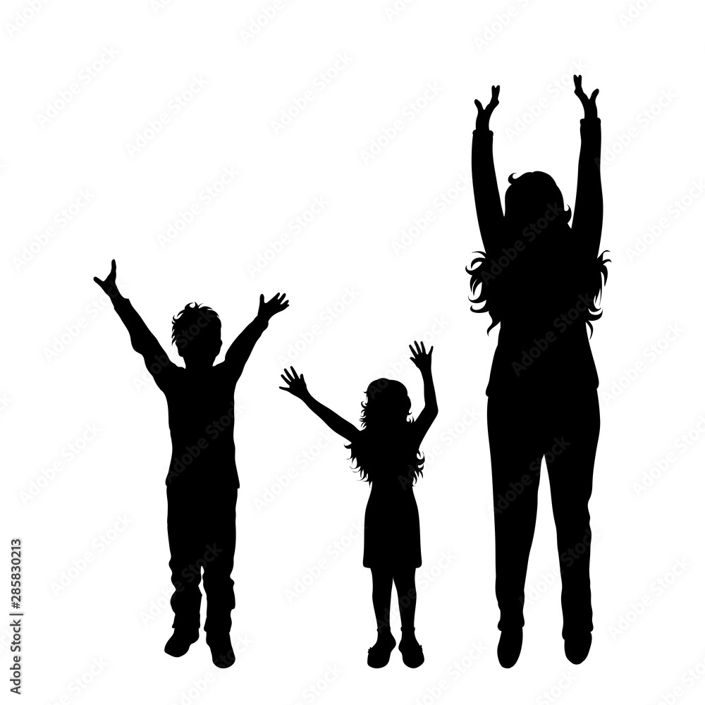 Canvas Prints Vector silhouette of mother with her children on white background. Symbol of family, daughter, son, siblings, happy.