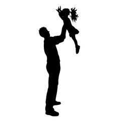 Vector silhouette of father with his daughter on white background. Symbol of family, child, funny.