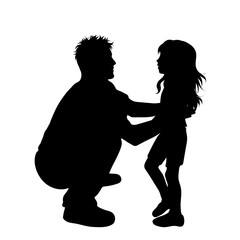 Vector silhouette of father with his daughter on white background. Symbol of family, child, funny.