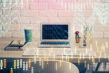 Forex market chart hologram and personal computer background. Multi exposure. Concept of investment.