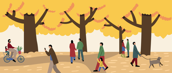 People spending time together in  autumn city park. Banner with colorful autumn trees and people. People holding hands, walking the dog, riding bicycle. Flat vector illustration