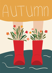 Girl in red rubber boots standing in puddle with autumn flowers coming from her boots. Autumn concept. Flat vector illustration