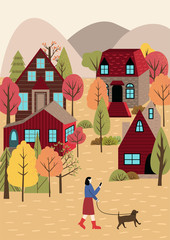 Girl walking the dog in autumn city street. Colorful trees with orange, red and green leaves  and cozy houses in the background. Flat vector illustration