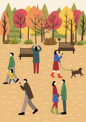 People spending time together in  autumn city park. Colorful trees with orange, red and green leaves in the background. People holding hands, walking the dog, taking pictures. Flat vector illustration