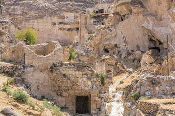 Panoramic view of Hasankeyf ancient cave houses, Turkey, Eastern Anatolia