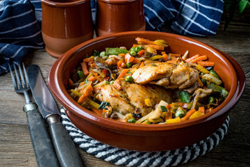 Fried chicken fillet with vegetables.