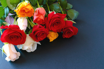 bouquet of roses lie on blue background