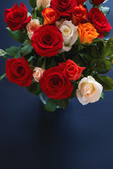 roses in vase on blue background