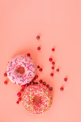 Round pink donuts on pink background with red cranberry berries.