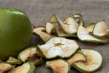apple chips green next to a large green apple on a background of gray burlap