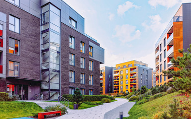 EU Modern residential apartment house building complex outdoor facilities bench