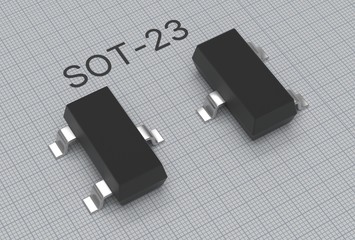SMD SOT-23 electronic transistor placed on blueprint 3d illustration