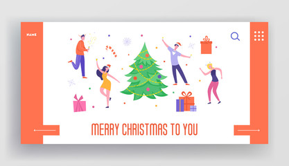 Winter Holidays Landing Page Template. Merry Christmas and Happy New Year Website Layout with Flat People Characters Celebrating. Customized Mobile Web Site Friends Party. Vector illustration.