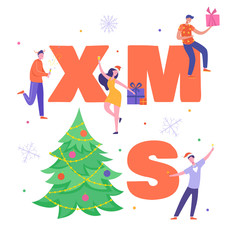 Xmas Party Card or Invitation Poster. People characters dancing, celebrating Merry Christmas and Happy New Year night. Vector illustration