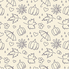 Autumn. Fall. Cute vector seamless pattern with autumn maple leaves, pumpkins, umbrellas.