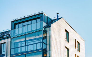EU Facade of block apartment house copy space