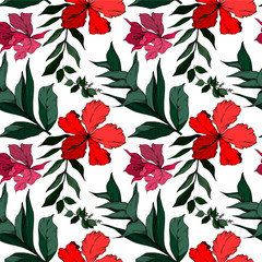 Vector Tropical flowers and leaves isolated. Black and white engraved ink art. Seamless background pattern.