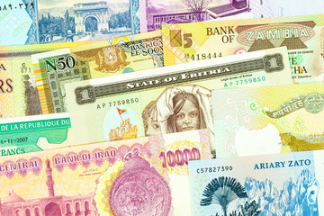 Old paper banknotes from exotic countries of Asia and Africa. Colorful money background 1. Close up high resolution.