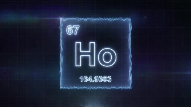 Holmium - periodic table element symbol hologram glowing on dark background in 4K