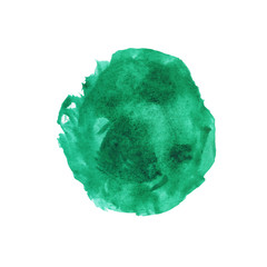 Watercolor green hand drawn stain on white background with rough edges, round, circle spot on paper with brush strokes