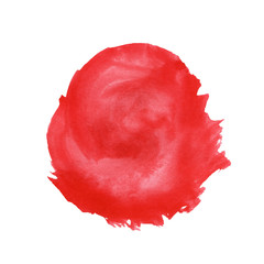 Watercolor red hand drawn stain on white background with rough edges, round, circle spot on paper with brush