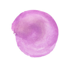 Watercolor lilac hand drawn stain on white background with rough edges, round, circle spot on paper with brush strokes