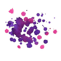 Pink and purple watercolor hand drawn blots and stains on white background