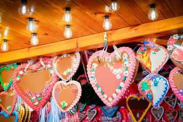 Heart shape Gingerbread cookies in Christmas market in Germany