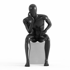Fototapeta na wymiar A black mannequin sits on a white box leaning on his arm.rendering on a white background