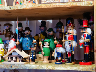 Wooden Christmas tree toys at Christmas market in Germany